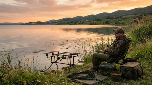 paesaggio naturalistico che evoca l'atmosfera del Lago Trasimeno e delle acque umbre, con un pescatore pronto all'azione e circondato dalla sua attrezzatura.