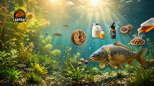 punto di vista sotto al lago con raggi che arrivano dalla superficie. Carpe che nuotano e prodotti esemplificativi. Logo carpbait in alto a sinistra