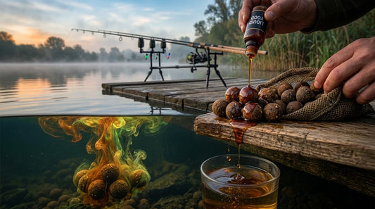 lago e canna da pesca con boiles e liquid food